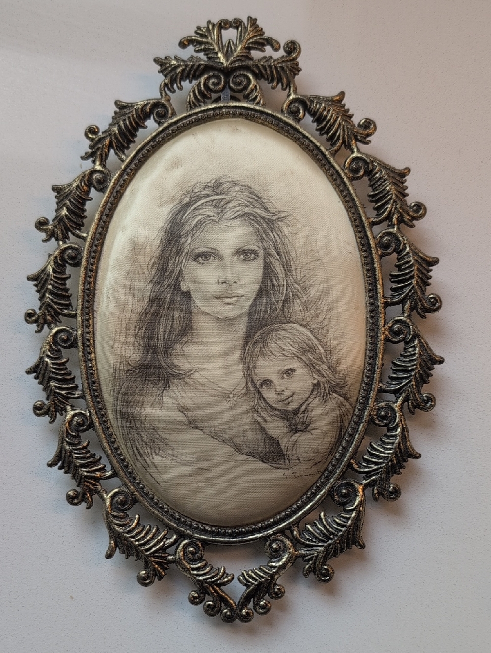 Vintage Italian Art Mother and Child Silk Satin Sketch Portrait Ornate Frame